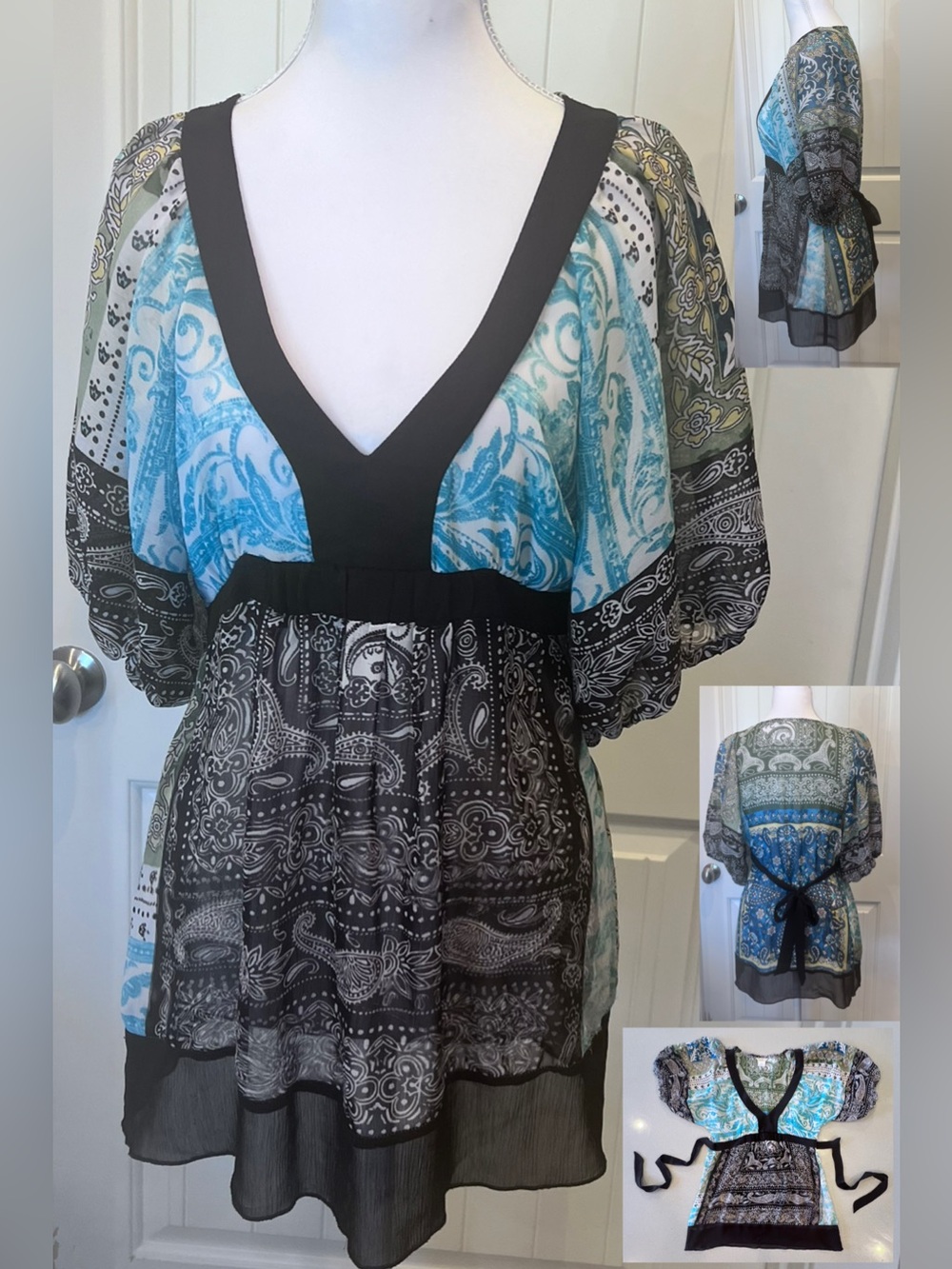Studio Y Y2K Boho Sheer Flowy V-Neck Top Tie back Balloon Sleeves Sz Small